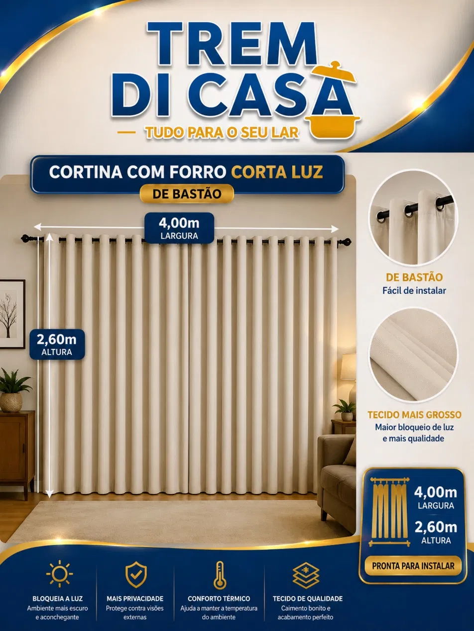 Cortina bege com forro corta-luz de bastão instalada em uma sala