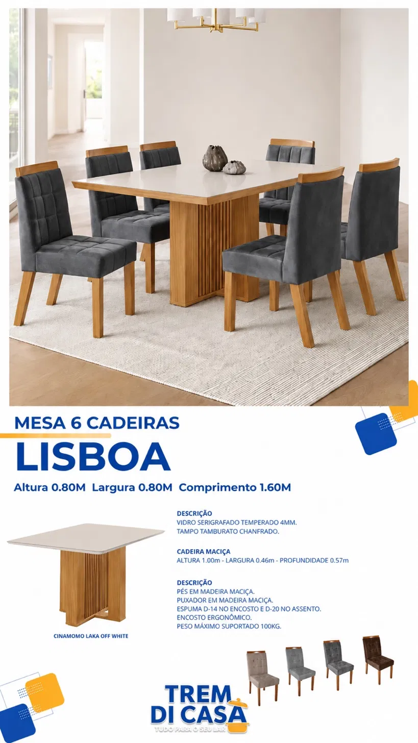 Mesa de jantar Lisboa com seis cadeiras
